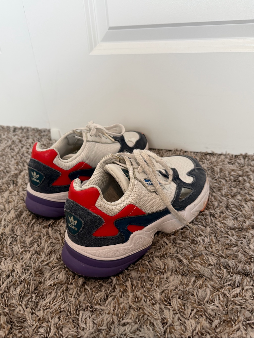 Adidas Falcon Sneakers In Cream, Navy & Red Women Size 7